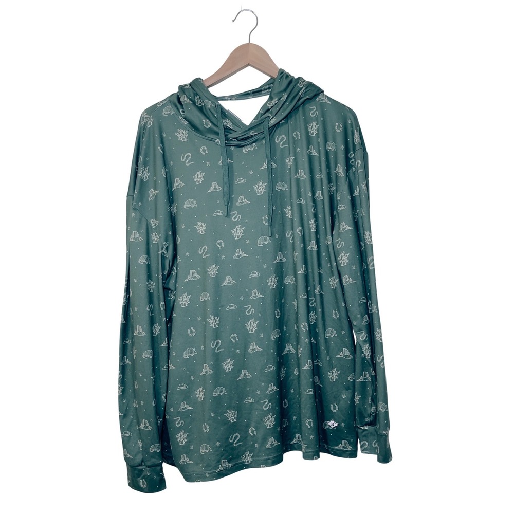 Burlebo Women XL Green Western Print Performance Hooded Pullover Shirt